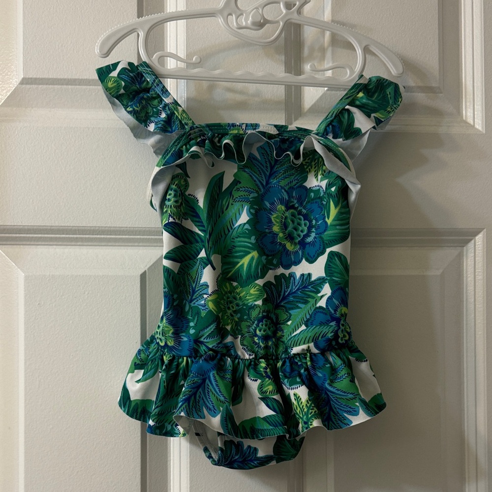 Janie and Jack Green Blue Floral Ruffle One-Piece Swimsuit